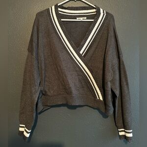 BaeVely Charcoal V-Neck Sweater with White Stripes